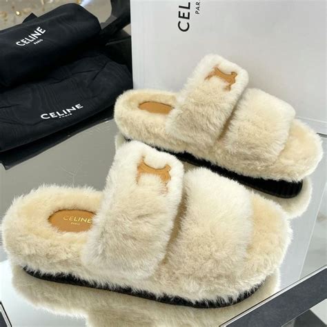 celine brown slides|Celine fur slippers.